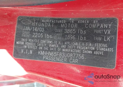 2003 Hyundai Tiburon Gt V6 z USA, uszkodzony, nr VIN KMHHN65F83U087756